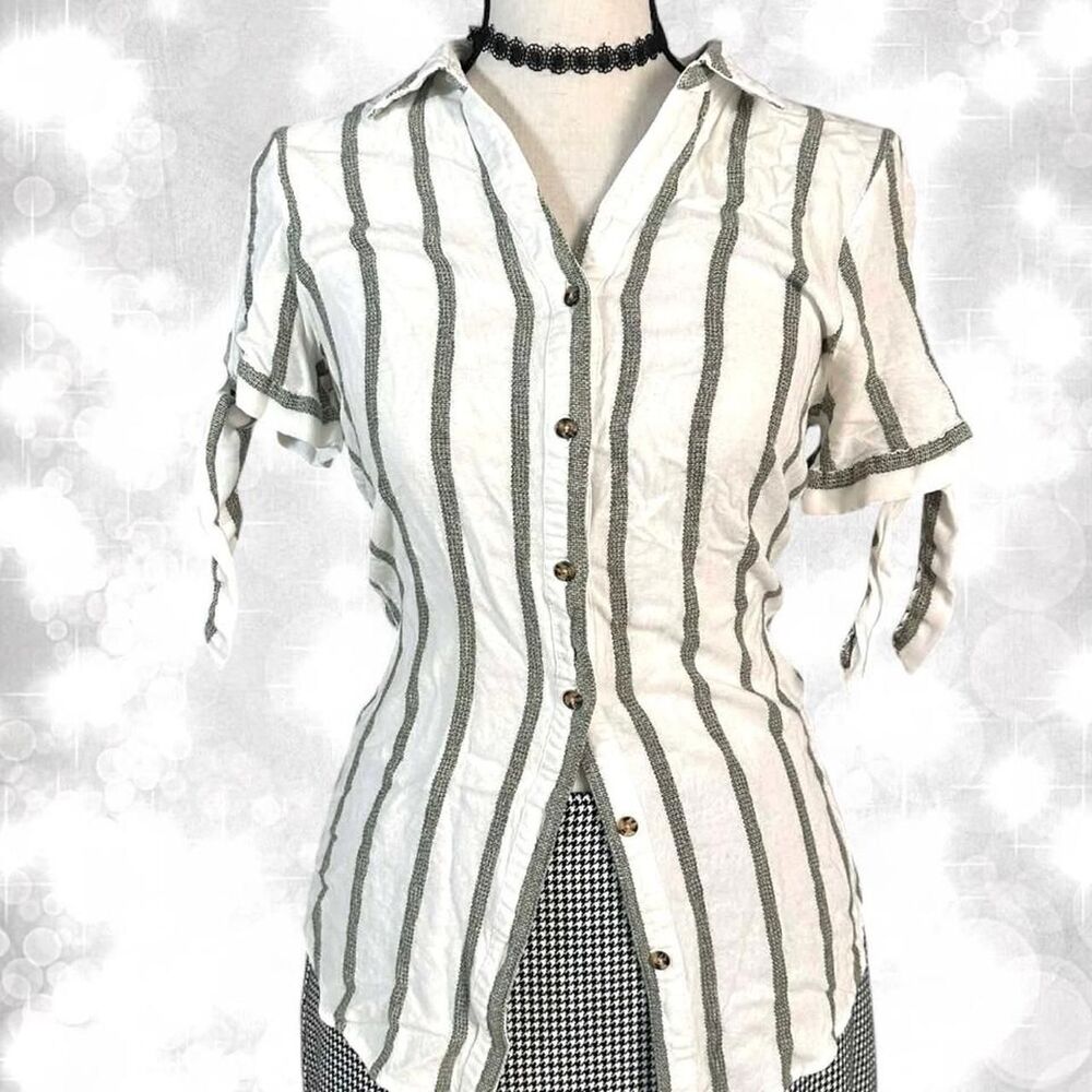 Y2K Babydoll Style Pinstripe Grunge Preppy Tie Sleeve Buttoned Top